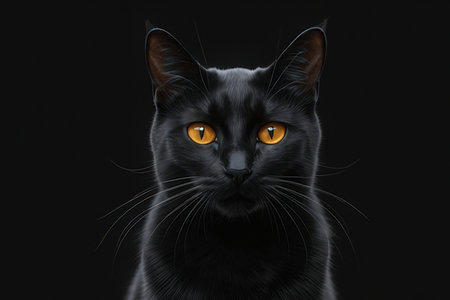 Portrait of a black cat with yellow eyes on a black backgroundの素材