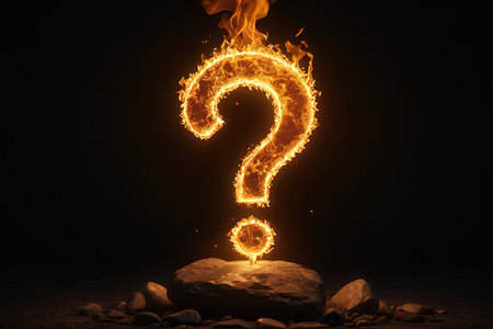 Burning question mark on stone with dark background, 3D renderingの素材
