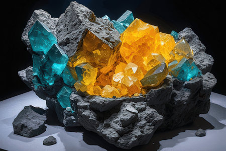 crystals of blue, yellow, orange and green on a black backgroundの素材