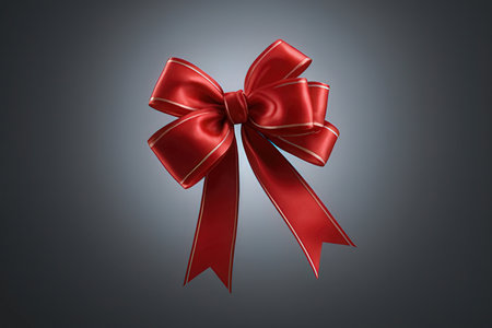 Red bow isolated on gray background. 3d illustration. Top view.の素材