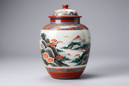 Chinese porcelain vase on gray background. 3d renderingの素材