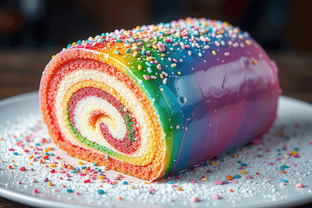 Colorful rainbow cake with sprinkles on white plate, closeupの素材