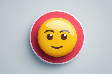 Smiling emoticon with red circle on gray background. 3D rendering