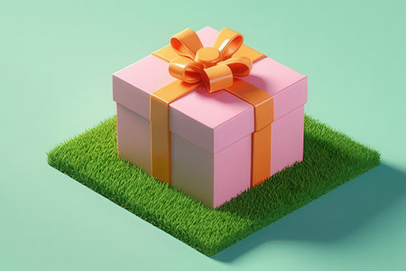 Gift box on green grass. 3d render. Holiday concept.の素材