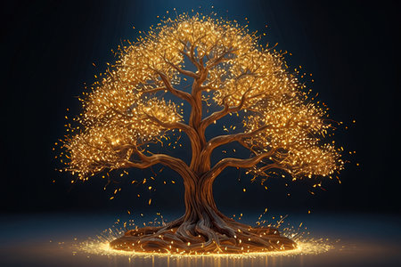 3d rendering of a golden tree in a dark room with lightsの素材