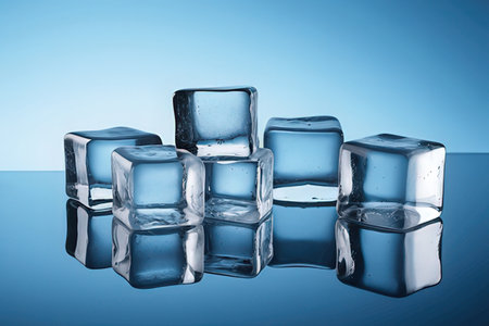 Ice cubes on blue background with reflection. Copy space for text.の素材