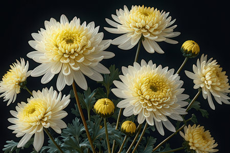 Beautiful chrysanthemum flowers on black background. Studio shot.の素材