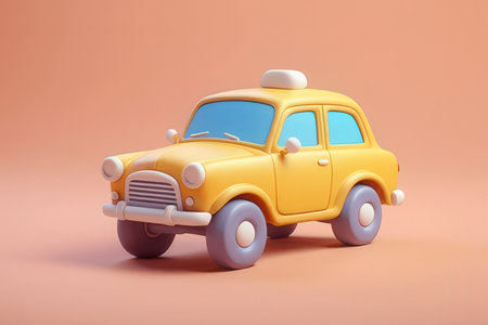 Yellow toy taxi on a pink background. 3d rendering. 3d illustration.の素材
