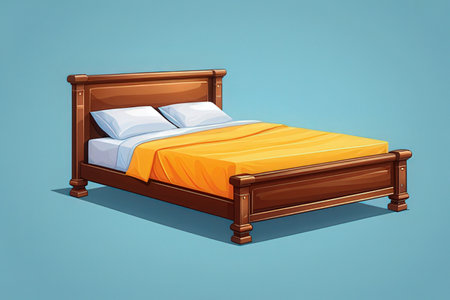 Wooden double bed with yellow linen isolated on blue background with shadowの素材