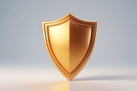 Golden shield on a gray background. 3d rendering, 3d illustration.の写真素材