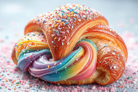 Croissant with colorful icing and sprinkles on a light backgroundの写真素材