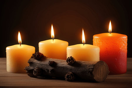Burning candles on wooden table on dark background.の素材