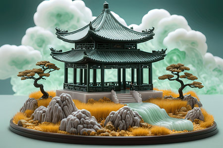 3D illustration of a Chinese temple with a lot of clouds.の素材