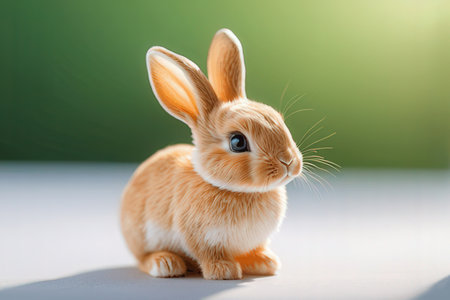 Cute little bunny on green background. Easter holiday concept. Copy space.の素材