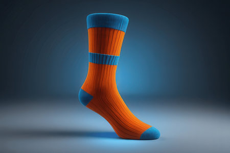 socks in blue and orange color 3d render on blue backgroundの素材