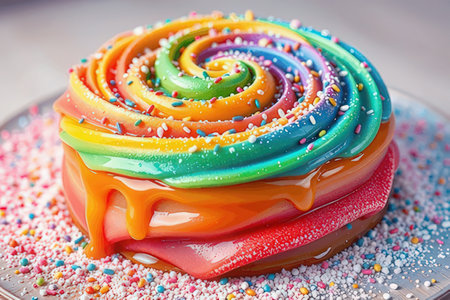 Rainbow cake on a plate on a wooden background. Toned.の素材