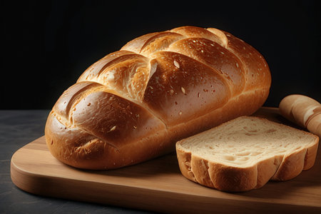 Freshly baked loaf of bread on a wooden board. Dark background.