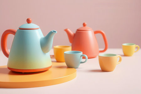 Colorful teapot and cups on pastel pink background.の写真素材