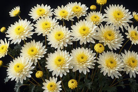White chrysanthemum flowers on black background, closeupの写真素材