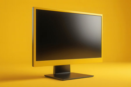 Modern black computer monitor isolated on yellow background. 3d render.の素材