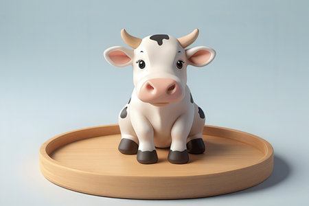 Cute cartoon cow on a wooden tray. 3d illustration.の写真素材