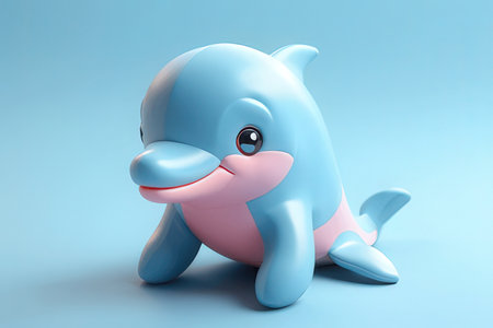 3d rendering of a cute cartoon dolphin isolated on blue background.の素材
