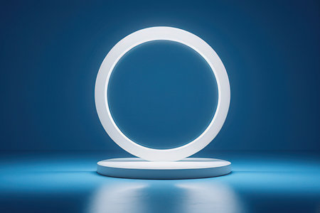 White round podium on blue background. Mock up, 3D Renderingの素材