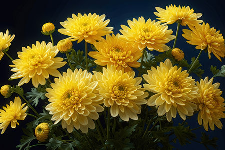 Yellow chrysanthemum flowers on a dark blue background.の素材