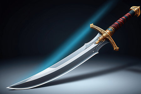 Sword with sharp blade on dark background. 3d render illustration.の素材