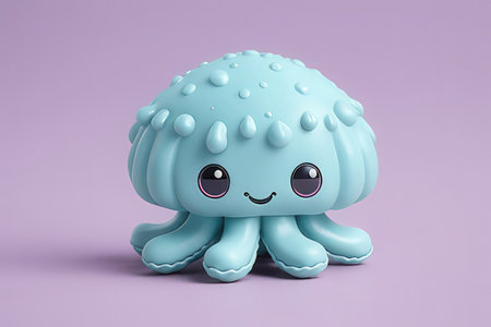 Cute blue octopus with eyes on purple background. 3d renderingの素材