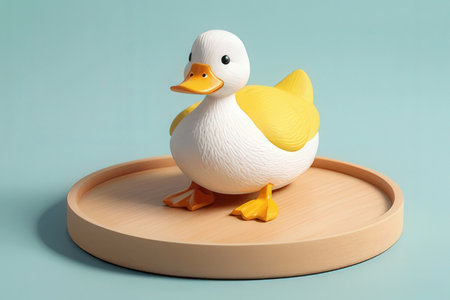 duck on a wooden stand on a blue background. 3d renderingの素材
