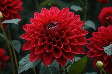 Beautiful red dahlia flower in the garden close-upの素材