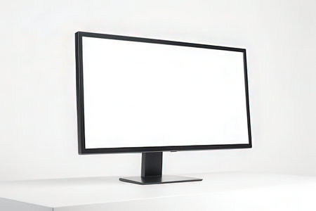 Black computer monitor with blank white screen on white table and white wall backgroundの素材