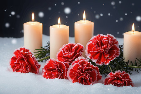 Christmas candles with red carnations on snow with bokeh backgroundの素材