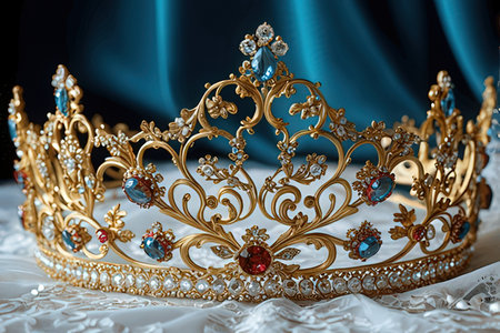 golden crown with gems on a blue background. close-upの素材