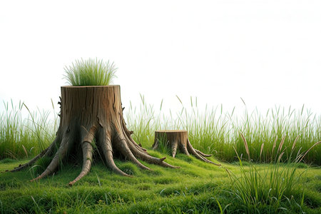 tree stump and grass isolated on white background.の素材