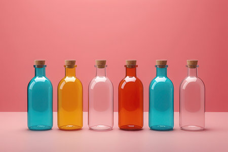 3d render of a row of colorful bottles on pink background.の素材