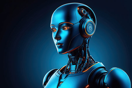 3d rendering robot or cyborg with headphones on dark blue backgroundの素材