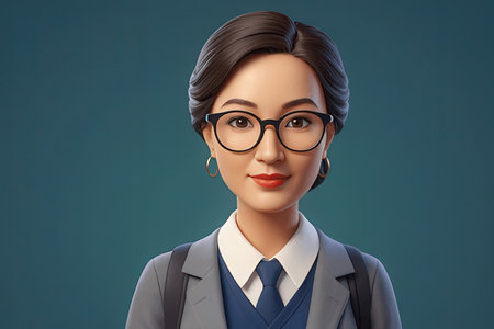 Portrait of beautiful young business woman in glasses on blue background.の素材