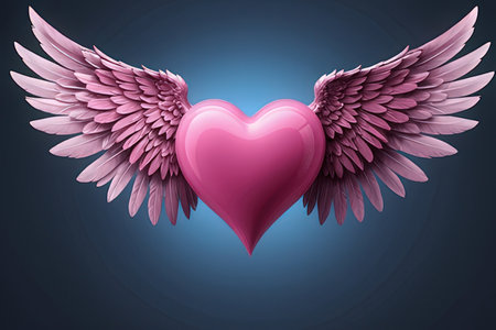 Pink heart with wings on a blue background. 3d rendering.の素材