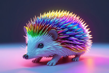Hedgehog with rainbow hair on a blue background. 3d renderingの素材