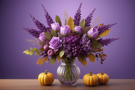 Bouquet of purple flowers in vase with pumpkins.の素材