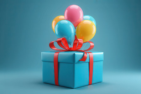 Blue gift box with colorful balloons on blue background. 3D renderingの素材