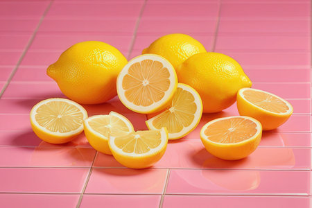 Lemons and lemons on a pink tile background. Close up.の素材
