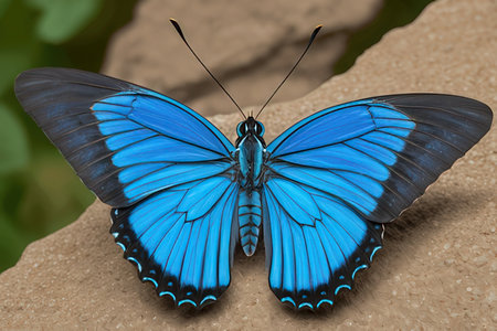 Blue butterfly on a rock in the forest, 3d illustration.の素材