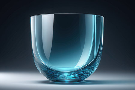 Empty glass cup isolated on black background. 3d render illustration.の素材