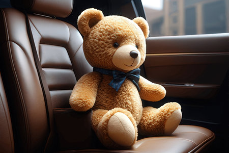 Teddy bear sitting on the back seat of a car with bow tieの素材