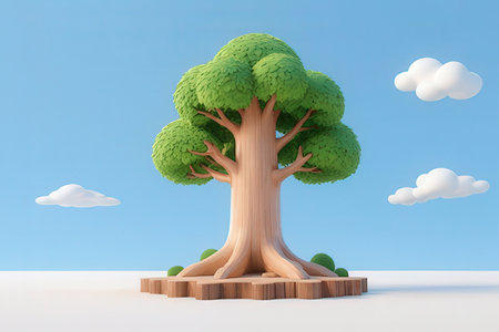 3d rendering of a green tree with blue sky in the backgroundの素材
