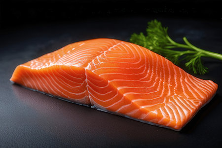 Salmon on a black background. Toned.の素材