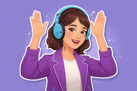 Young woman with headphones listening to music. Vector illustration in cartoon style.の素材
